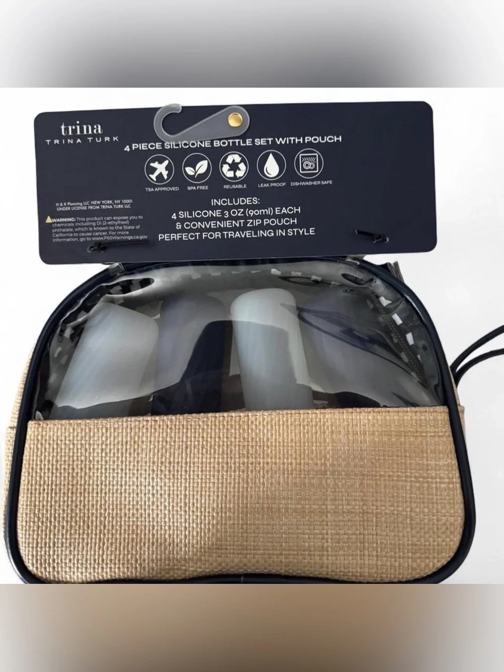 Trina Turk Navy Silicone Travel Bottle Set with Tan Woven Pouch